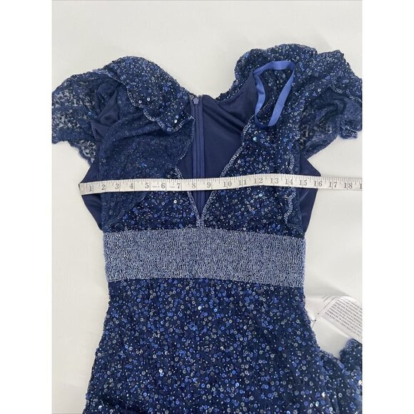 Mac Duggal Size 4 Navy Blue SEQUINED V-NECK CAPE SLEEVE BEADED WAIST GOWN 4808 - Picture 8 of 11